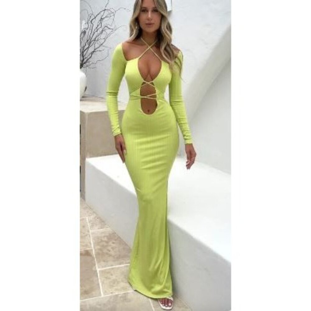 Elegant Lime Green Cut-Out Maxi Dress